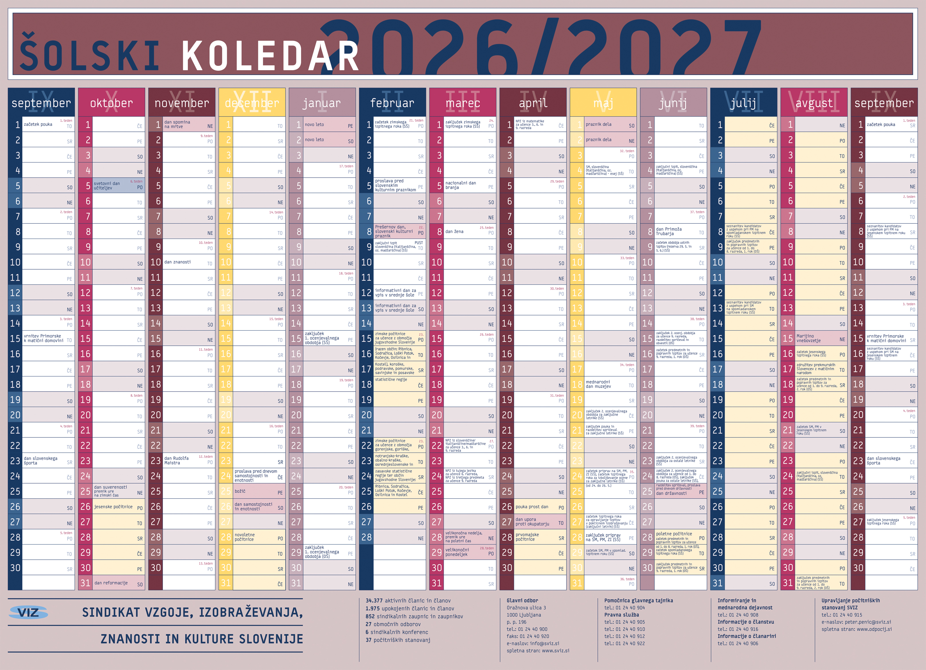 Šolski koledar za šolsko leto 2026/27